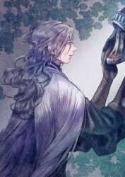  1boy blood blood_on_armor blood_on_helmet commentary danannie dated elden_ring elden_ring:_shadow_of_the_erdtree english_commentary grey_hair helmet highres holding holding_unworn_helmet long_hair male_focus open_mouth solo spoilers standing thiollier_(elden_ring) unworn_headwear unworn_helmet violet_eyes wavy_hair 
