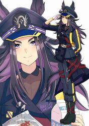  1girl animal_ears black_boots black_hair black_jacket black_pants black_shirt boots commentary_request drink_carton ears_through_headwear fenomeno_(black_flames_of_the_righteous_spirit)_(umamusume) fenomeno_(umamusume) flipped_hair gloves hat hi_(ibisf5umauma) highres holding holding_drink_carton holding_milk_carton horse_ears horse_girl horse_tail horseshoe_hat_ornament horseshoe_ornament jacket long_hair long_sleeves looking_at_viewer milk_carton multicolored_hair pants peaked_cap purple_hair salute shirt smile tail umamusume violet_eyes white_gloves 