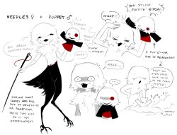  ... 1girl :3 :o bird_legs black_feathers black_tail body_fur closed_eyes commentary english_commentary english_text feathers full_body hand_puppet highres holding_sewing_needle jejejunum monster_girl multiple_views needle needles_(jejejunum) nervous_sweating open_mouth original puppet puppet_(jejejunum) sewing sewing_needle sharp_teeth simple_background smile speech_bubble sweat teeth venus_symbol white_background white_fur 