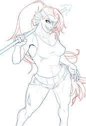  1girl 2023 2d abs anthro armpit black_tank_top blue_pants breasts carrying carrying_over_shoulder claws cleavage clip_studio_paint_(medium) commentary contrapposto cowboy_shot digital_media ear_fins earrings english_commentary eyepatch female female_only fins fish fish_girl from_above head_fins high_ponytail highres holding holding_polearm holding_spear holding_weapon legs_apart lineart long_hair looking_at_viewer making-of midriff monochrome monster monster_girl moondo9 multiple_earrings pants polearm ponytail scar sharp_teeth simple_background slit_pupils solo spear standing tank_top teeth toned toned_female torn_clothes torn_pants undertale undyne utdr_(toby_fox) weapon white_background 