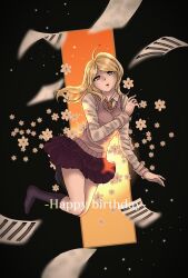  1girl ahoge akamatsu_kaede black_background black_socks blonde_hair circle_skirt collared_shirt commentary_request danganronpa_(series) danganronpa_v3:_killing_harmony dot_nose floating_clothes floating_hair flower full_body hair_ornament hairclip highres kneehighs light_particles long_hair long_sleeves looking_at_viewer miniskirt musical_note musical_note_hair_ornament necktie no_shoes open_mouth orange_necktie pink_flower pink_vest pleated_skirt purple_skirt sheet_music shirt shiruko_(mikan4649) sidelocks skirt sleeve_cuffs socks solo sunset sweater_vest v-neck vest violet_eyes white_shirt window 