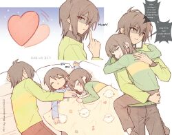  3others androgynous artist_name blue_sweater brown_hair brown_pants brown_shirt cellphone chara_(undertale) closed_mouth collared_shirt commentary_request deltarune english_text frisk_(undertale) green_sweater highres korean_commentary korean_text kris_(deltarune) looking_at_viewer mixed-language_text multiple_others pants parted_lips phone red_eyes savepoint010 shaded_face shirt shirt_under_sweater short_hair sleeping smartphone speech_bubble sweatdrop sweater translation_request twitter_username under_covers undertale utdr_(toby_fox) 