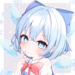  1girl bangs blue_bow blue_dress blue_eyes blue_hair blue_wings blush bow cirno closed_mouth collared_shirt commentary_request detached_wings don_(tiruchoco41) dress grey_background hair_between_eyes hair_bow hand_up ice ice_wings index_finger_raised looking_at_viewer puffy_short_sleeves puffy_sleeves red_bow shirt short_sleeves sleeveless sleeveless_dress snowflakes solo touhou two-tone_background white_background white_shirt wings 