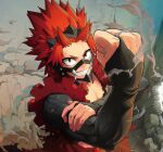  1boy boku_no_hero_academia clenched_hand commentary damaged english_commentary foreshortening grin insecureillu kirishima_eijirou looking_at_viewer male_focus red_eyes redhead rubble scratches sharp_teeth smile smoke solo spiky_hair teeth torn_clothes 