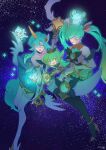 3girls absurdres animal artist_name closed_eyes closed_mouth collar creature cross flying gem glasses glowing green_eyes green_hair green_theme hair_ornament heart high_heels highres horns hyuko_wong league_of_legends long_hair lulu_(league_of_legends) multiple_girls night night_sky pointy_ears ribbon shoes signature single_horn sky socks sona_(league_of_legends) soraka_(league_of_legends) space staff star_(sky) star_(symbol) star_guardian_(league_of_legends) star_guardian_lulu star_guardian_sona star_guardian_soraka starry_sky twintails 