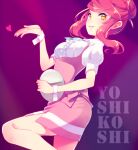  1girl alternate_costume anna_miller breasts highres kumatora looking_at_viewer mother_(game) mother_3 pink_hair shifumame short_hair simple_background skirt smile solo tray waitress yoshikoshi_(mother_3) 