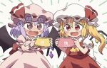  2girls :d @_@ ascot bat_wings blonde_hair controller crystal fang flandre_scarlet game_controller hat hat_ribbon holding holding_controller holding_game_controller mob_cap multiple_girls nintendo_switch one_side_up open_mouth pink_headwear pink_shirt pink_skirt playing_games purple_hair red_eyes red_ribbon red_skirt red_vest remilia_scarlet ribbon rokugou_daisuke shirt short_sleeves siblings sisters skirt smile tears touhou v-shaped_eyebrows vest white_background white_headwear white_shirt wings yellow_ascot 