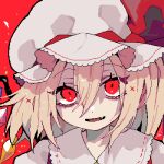 1girl blonde_hair crystal fang flandre_scarlet fua_yuu hat looking_at_viewer lowres mob_cap open_mouth red_ribbon ribbon smile solo touhou upper_body wings 