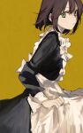  1girl apron bangs black_shirt brown_hair closed_mouth dress frilled_dress frills green_eyes hair_between_eyes long_sleeves looking_to_the_side maid maid_apron mochiosamu_ron original shirt sidelocks simple_background skirt_hold solo white_dress yellow_background 