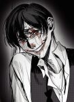  1boy 86073556 bangs black_background black_hair clown crying crying_with_eyes_open highres klein_moretti lord_of_the_mysteries makeup monochrome parted_lips shirt simple_background smile tears teeth vest white_shirt 
