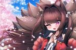  1girl ;d amagi-chan_(azur_lane) animal_ears azur_lane bangs blue_sky blunt_bangs blush brown_hair cherry_blossoms clouds cloudy_sky commentary_request eyes_visible_through_hair eyeshadow fox_ears fox_girl fox_tail hair_ornament highres inkyubeiteo japanese_clothes kyuubi long_hair looking_at_viewer makeup multiple_tails one_eye_closed petals rope shimenawa sidelocks sky smile solo tail twintails violet_eyes wide_sleeves wind 