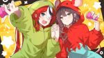 2girls absurdres alternate_costume animal_hood beamed_eighth_notes black_hair blonde_hair blue_eyes brown_hair closed_mouth commentary english_commentary green_eyes green_hoodie hakos_baelz highres holding holding_hands holding_microphone hololive hololive_english hood hoodie indie_virtual_youtuber interlocked_fingers long_sleeves looking_at_viewer microphone miori_celesta multicolored_hair multiple_girls mush_(mushlicious) musical_note open_mouth pinky_out red_hoodie redhead sharp_teeth smile star_(symbol) streaked_hair teeth upper_body virtual_youtuber white_hair 