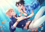  2boys abs belt black_hair blonde_hair blue_eyes blue_shirt character_request clothes_lift fate_(series) fish hair_between_eyes ima_(luce365) jewelry male_focus multiple_boys muscular muscular_male navel necklace open_clothes open_shirt pants red_eyes shirt shirt_lift short_hair stomach underwater watch white_pants wristband 