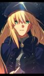  1girl artoria_caster_(fate) artoria_caster_(second_ascension)_(fate) artoria_pendragon_(fate) beret black_bow black_gloves blonde_hair blue_cloak bow buttons chietori cloak collar collared_shirt fate/grand_order fate_(series) gem gloves gold_trim green_eyes green_gemstone hair_bow hat highres long_sleeves looking_at_viewer multiple_tails open_mouth purple_bow ribbon shiny shirt tail two_tails white_shirt 