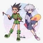  2boys bangs black_hair boots brown_eyes fishing_rod gon_freecss hand_in_pocket holding holding_fishing_rod hunter_x_hunter jacket killua_zoldyck long_hair long_sleeves looking_at_another male_child male_focus multiple_boys open_mouth shirt short_hair shorts simple_background skateboard smile spiky_hair turtleneck violet_eyes white_hair yoyochaan 