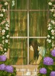  1girl bangs brown_hair closed_mouth commentary_request flower from_outside long_hair muraicchi_(momocchi) original profile purple_flower rain shirt short_sleeves solo white_flower white_shirt window writing 