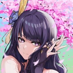  !? 1girl arm_support bangs bare_shoulders battlebunny black_hair blunt_bangs bridal_gauntlets cherry_blossoms close-up commentary english_commentary genshin_impact hair_ornament head_rest highres long_hair looking_at_viewer mitsudomoe_(shape) mole mole_under_eye petals raiden_shogun sidelocks smile solo tomoe_(symbol) violet_eyes 