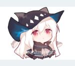  1girl :&lt; arknights black_headwear black_jacket chibi chinese_text grey_background hair_between_eyes hat jacket long_hair looking_at_viewer red_eyes renren simple_background skadi_(arknights) solo translation_request two-tone_background white_background white_hair 