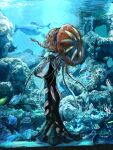  1girl braid brown_hair coral coral_reef dress fate/grand_order fate_(series) fish from_behind highres jellyfish long_dress t0da tentacles underwater van_gogh_(fate) van_gogh_(second_ascension)_(fate) 