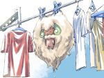  closed_mouth clothes_hanger clothes_pin commentary_request dripping expressionless hanging mukiguri no_humans orange_eyes pokemon pokemon_(creature) shirt solo water_drop wet whimsicott 
