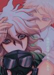  2boys absurdres bangs collared_shirt danganronpa_(series) danganronpa_2:_goodbye_despair gas_mask green_jacket green_necktie grey_eyes grey_hair hair_between_eyes highres hinata_hajime hinata_hajime_(awakened) jacket komaeda_nagito male_focus mask medium_hair messy_hair midori_(310ri_21) multiple_boys necktie red_background red_eyes shirt short_hair short_sleeves translation_request upper_body 