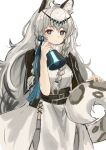  1girl animal_ear_fluff animal_ears arknights azuazu_0405 bell black_cape blue_eyes braid cape cowboy_shot dress grey_hair grey_thighhighs hands_up highres holding holding_bell leopard_ears leopard_girl leopard_tail long_hair looking_at_viewer pramanix_(arknights) side_braids simple_background solo tail thigh-highs tiara turtleneck very_long_hair white_background white_dress 