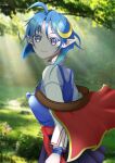  1girl ahoge blue_eyes blue_hair blue_skirt cape closed_mouth crescent crescent_hair_ornament grass hair_ornament highres looking_at_viewer pointy_ears red_cape rena_lanford short_hair skirt smile solo star_ocean star_ocean_the_second_story tree 