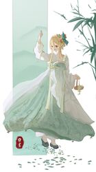  baizhou011120 bamboo basket blonde_hair border brown_eyes chinese_clothes chinese_text dress falling_petals green_background green_dress green_footwear hanfu highres holding holding_basket long_hair long_sleeves looking_to_the_side multicolored_eyes nijisanji nijisanji_en open_mouth petals pointy_ears pomu_rainpuff red_eyes shirt shoes smile virtual_youtuber white_background white_shirt 