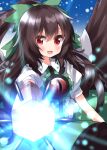 1girl arm_cannon bird_wings black_hair black_wings blush bow collared_shirt feathered_wings frilled_skirt frills green_bow green_skirt hair_between_eyes hair_bow highres long_hair open_mouth puffy_short_sleeves puffy_sleeves red_eyes reiuji_utsuho ruu_(tksymkw) shirt short_sleeves skirt smile solo third_eye touhou weapon white_shirt wings 