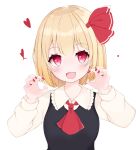  1girl :d ascot bangs black_dress blonde_hair blush breasts claw_pose collared_shirt commentary_request don_(tiruchoco41) dress fang frilled_shirt_collar frills hair_ribbon hands_up heart highres long_sleeves looking_at_viewer nail_polish puffy_long_sleeves puffy_sleeves red_ascot red_eyes red_nails red_ribbon ribbon rumia shirt sleeveless sleeveless_dress small_breasts smile solo touhou upper_body 