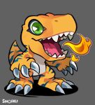 agumon artist_name claws digimon digimon_(creature) fire green_eyes grey_background no_humans open_mouth sinobali solo standing teeth tongue