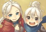  ahoge bangs blue_eyes capelet chest_harness fire_emblem fire_emblem_fates grey_eyes harness hood hooded_capelet kana_(fire_emblem) leather_strap looking_at_viewer lowres nina_(fire_emblem) parted_bangs pointy_ears red_hood siblings sisters tefutene upper_body white_hair 