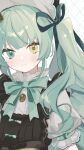  1girl absurdres blush bow closed_mouth eyelashes frills green_bow green_eyes green_hair green_ribbon hair_ribbon heterochromia highres light_green_hair long_eyelashes long_hair mono_02 original puffy_sleeves ribbon smile solo twintails upper_body yellow_eyes 