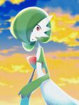  1girl 4shiki backlighting bangs blue_sky bob_cut bright_pupils clouds colored_skin commentary_request constricted_pupils day flat_chest gardevoir green_hair green_skin hair_over_one_eye highres looking_back multicolored_skin one_eye_covered open_mouth orange_sky outdoors partial_commentary pokemon pokemon_(creature) red_eyes short_hair sky solo sunset two-tone_skin white_pupils white_skin 