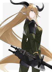  1girl animal_ears arknights black_gloves brown_hair cowboy_shot degenbrecher_(arknights) from_behind gloves goat_ears goat_girl goat_horns green_jacket green_pants grey_background hair_over_one_eye highres holding holding_sword holding_weapon horns jacket long_hair long_sleeves looking_at_viewer looking_back pants simple_background solo sword very_long_hair weapon yakota_(usuk-yako) yellow_eyes 