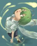  1girl amayadori-tei antennae black_shorts blue_background breasts brown_footwear collared_shirt commentary_request full_body green_eyes green_hair insect_wings looking_at_viewer looking_up open_mouth shiny shiny_skin shirt shoes short_hair short_sleeves shorts simple_background small_breasts solo standing touhou white_shirt wings wriggle_nightbug 