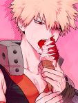  1boy artist_name bakugou_katsuki blonde_hair boku_no_hero_academia cactusnabe eating food highres holding holding_food holding_ice_cream ice_cream male_focus open_mouth pink_background red_eyes solo spiky_hair twitter_username 