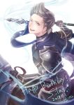  1boy barding fire_emblem fire_emblem_fates green_eyes grey_hair highres holding holding_polearm holding_weapon horseback_riding kedama_mosamosa lance looking_at_viewer male_focus open_mouth polearm riding silas_(fire_emblem) upper_body weapon 