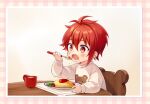  1boy chair child eating food glass idolish_7 ima_(luce365) long_sleeves male_child nanase_riku omurice open_mouth plate red_eyes redhead short_hair spoon table wooden_chair wooden_table younger 
