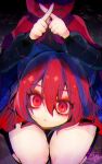  1girl blue_bow bow capelet disembodied_head fua_yuu hair_bow highres kneeling large_bow looking_at_viewer one-hour_drawing_challenge red_eyes red_skirt redhead sekibanki short_hair skirt solo thighs touhou x_fingers 