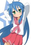  1girl :3 absurdres ahoge arms_behind_back arms_up bangs blue_hair blush closed_mouth commentary_request green_eyes highres izumi_konata kicchi_(tmgk) long_hair long_sleeves looking_at_viewer lucky_star mole mole_under_eye neckerchief pink_neckerchief pink_sailor_collar pink_skirt purple_hair ryouou_school_uniform sailor_collar school_uniform serafuku simple_background skirt solo white_background 