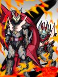  2boys adapted_costume armor armored_boots armored_gloves black_armor black_gloves boots breastplate crossover cyborg_human_tanast demon_boy demon_horns driver_(kamen_rider) fire flame gloves glowing glowing_eyes highres horns kamen_rider kamen_rider_revi kamen_rider_revice kamen_rider_vice male_focus mazinger_(series) mazinkaiser mazinkaiser_(robot) multiple_boys red_scarf revice_driver rider_belt scarf spiked_gauntlets squatting stamp_mark vistamp weapon_request 