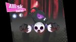  absurdres allister_(pokemon) blurry blurry_background colored_sclera commentary drunkoak english_commentary english_text floating full_body fusion galarian_yamask ghost highres korean_text mask no_humans pokemon pokemon_(creature) purple_sclera red_background sad solo translation_request violet_eyes 
