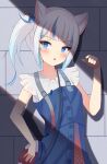  1girl :&lt; animal_ear_fluff animal_ears bag bangs bare_arms blue_eyes blue_hair blue_skirt blue_tail blunt_bangs blush buttons cat_ears commentary fang fish_bone fish_tail frilled_sleeves frills gawr_gura grey_background hair_cubes hair_ornament hand_up handbag highres hololive hololive_english kawaiipony2 looking_to_the_side medium_hair miniskirt multicolored_hair open_hand open_mouth paw_pose shadow shark_girl shark_tail shirt short_sleeves side_ponytail sidelocks sideways_glance skirt standing streaked_hair suspender_skirt suspenders tail tail_raised trident_print upper_body virtual_youtuber wall white_hair white_shirt 