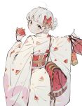  1girl ahoge bag blush bow closed_mouth food food_print fruit grey_eyes hair_bow hair_bun hand_up highres holding japanese_clothes kimono looking_back mormormorp obi original pouch red_bow red_pupils sash shopping_bag short_hair simple_background smile solo watermelon watermelon_print white_background white_hair white_kimono 