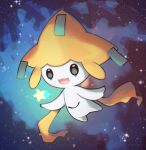  :d commentary_request full_body happy highres jirachi mr._miruku no_humans open_mouth outdoors pokemon pokemon_(creature) smile solo space star_(symbol) 