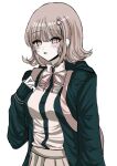  1girl bangs blush breasts brown_eyes brown_skirt collared_shirt comi_(avsr7485) danganronpa_(series) danganronpa_2:_goodbye_despair flipped_hair galaga green_jacket grey_background hair_ornament jacket large_breasts medium_hair miniskirt nanami_chiaki neck_ribbon open_clothes open_jacket open_mouth pink_ribbon pleated_skirt ribbon shiny shiny_hair shirt simple_background skirt sleeves_past_wrists solo 