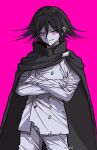  1boy black_cape black_hair buttons cape closed_mouth cowboy_shot crossed_arms danganronpa_(series) danganronpa_v3:_killing_harmony double-breasted flipped_hair grey_jacket grey_pants hair_between_eyes highres jacket long_sleeves male_focus multicolored_hair ouma_kokichi pants pink_eyes pink_hair pink_theme smile solo two-tone_hair vi6ii2 