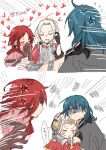  3girls angry blush byleth_(fire_emblem) byleth_eisner_(female) cape closed_mouth double_bun dress dual_persona edelgard_von_hresvelg fire_emblem fire_emblem:_three_houses fire_emblem_warriors:_three_hopes garreg_mach_monastery_uniform gloves hair_bun hair_ornament hair_ribbon hangdok highres horns hug long_hair long_sleeves looking_at_viewer monica_von_ochs multiple_girls official_alternate_costume official_alternate_hairstyle open_mouth red_cape red_eyes redhead ribbon short_hair simple_background single_hair_bun smile uniform upper_body violet_eyes white_hair yuri 