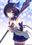  1girl ahoge bare_shoulders blue_eyes blue_hair blue_thighhighs bob_cut closed_mouth dress hair_ornament highres holding holding_scythe holding_weapon honkai_(series) honkai_impact_3rd kenjirohayamiti looking_at_viewer off-shoulder_dress off_shoulder purple_background scythe seele_vollerei seele_vollerei_(swallowtail_phantasm) short_hair smile solo tattoo thigh-highs weapon white_dress white_sleeves 